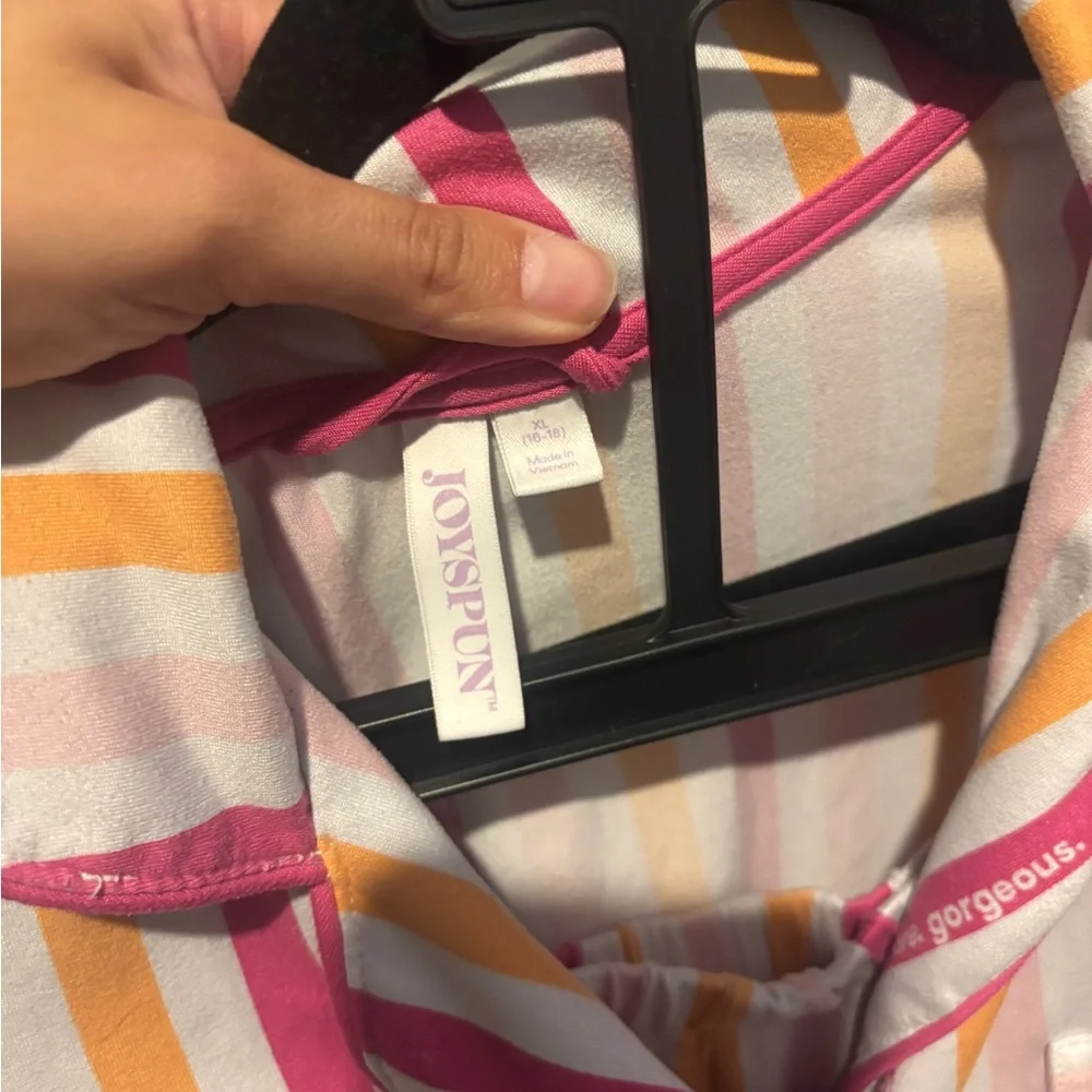 Striped Pink and Orange Button-Up Pajama Shirt and Shorts - Picture 2 of 2